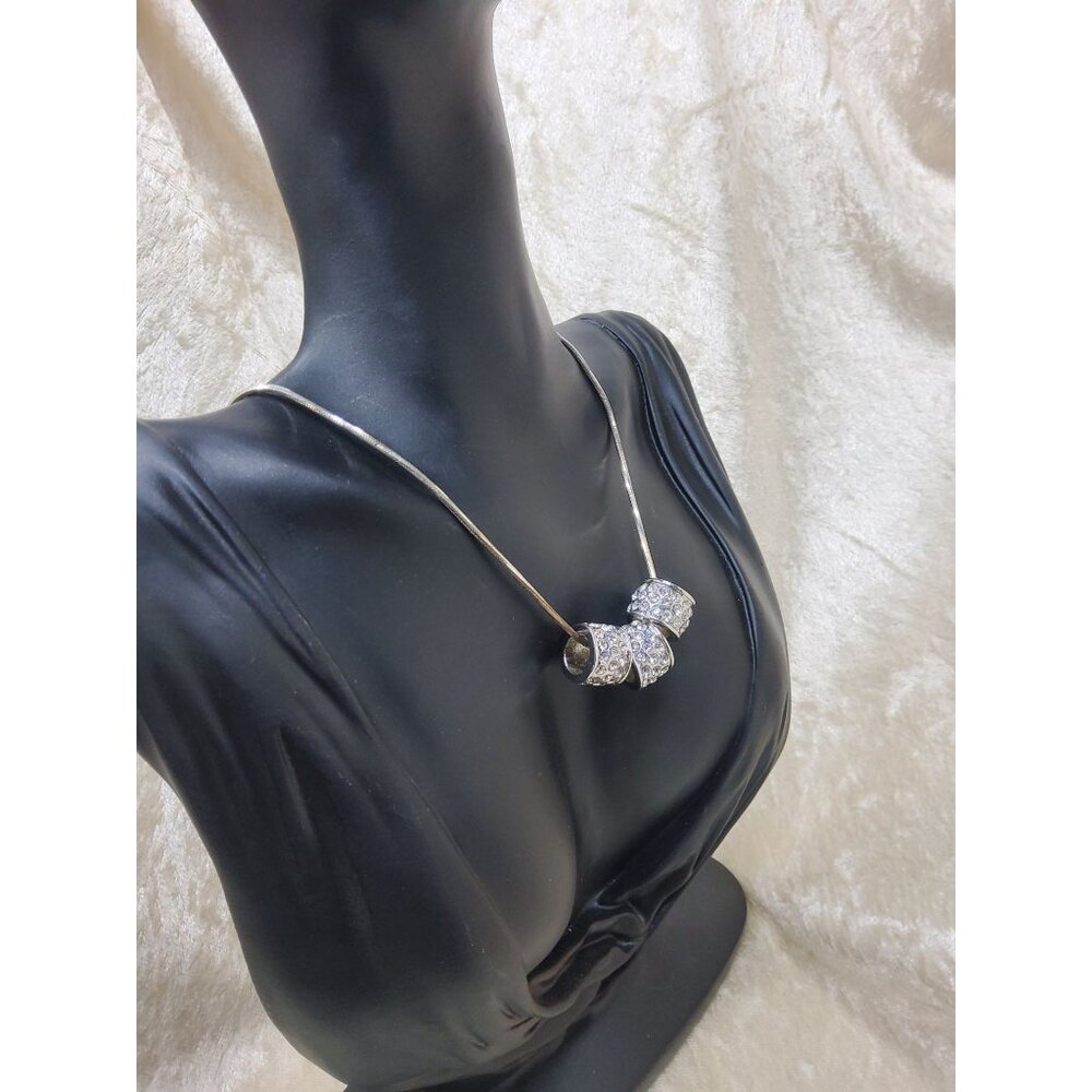 Vintage Elegant Sterling Silver Necklace With Three Sparkling Rhinestone Beads - Picture 9 of 16